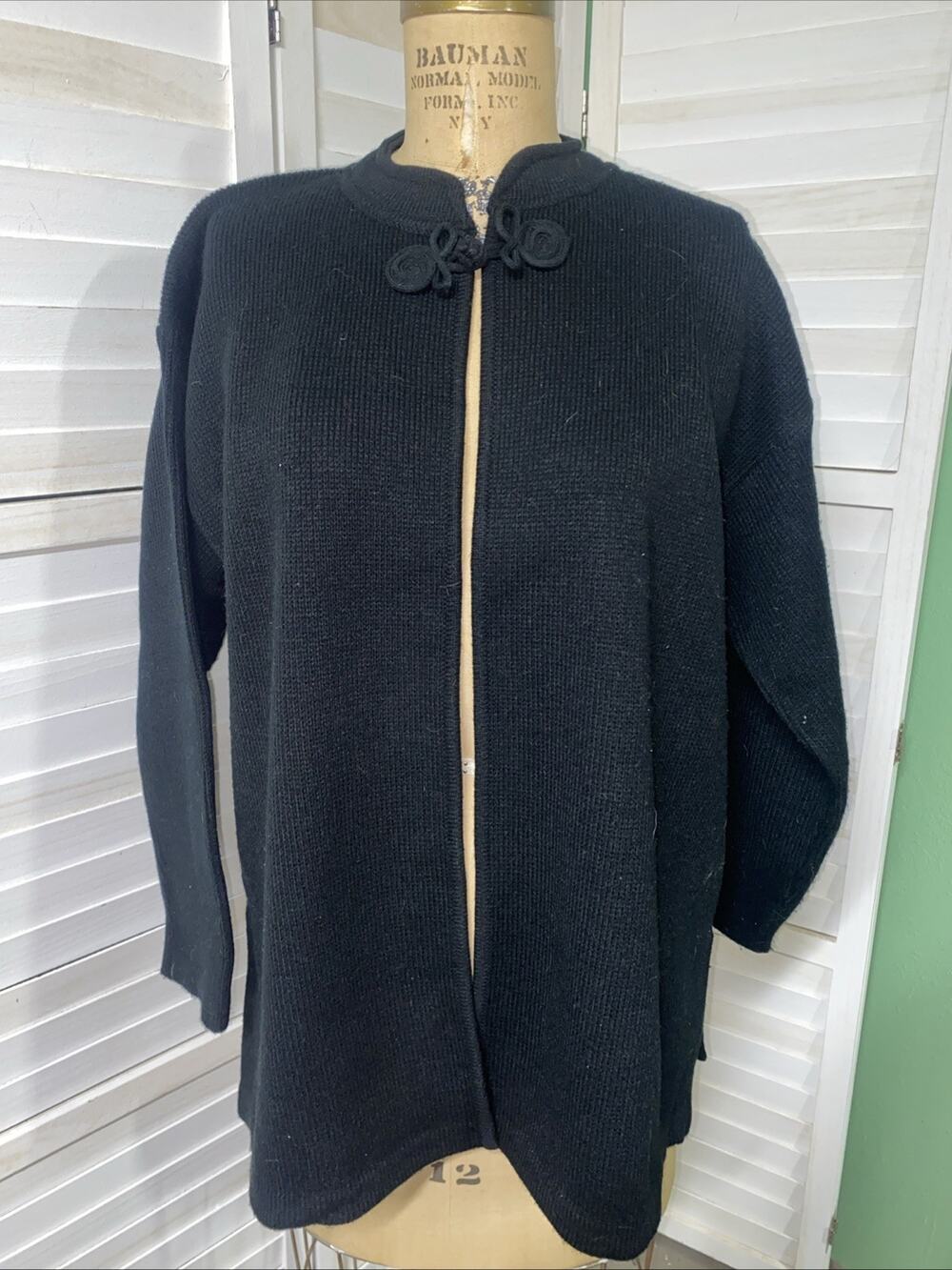 80s Newcomer Black Acrylic Open Cardigan Sweater Women's Sz XL 44 Korea Made